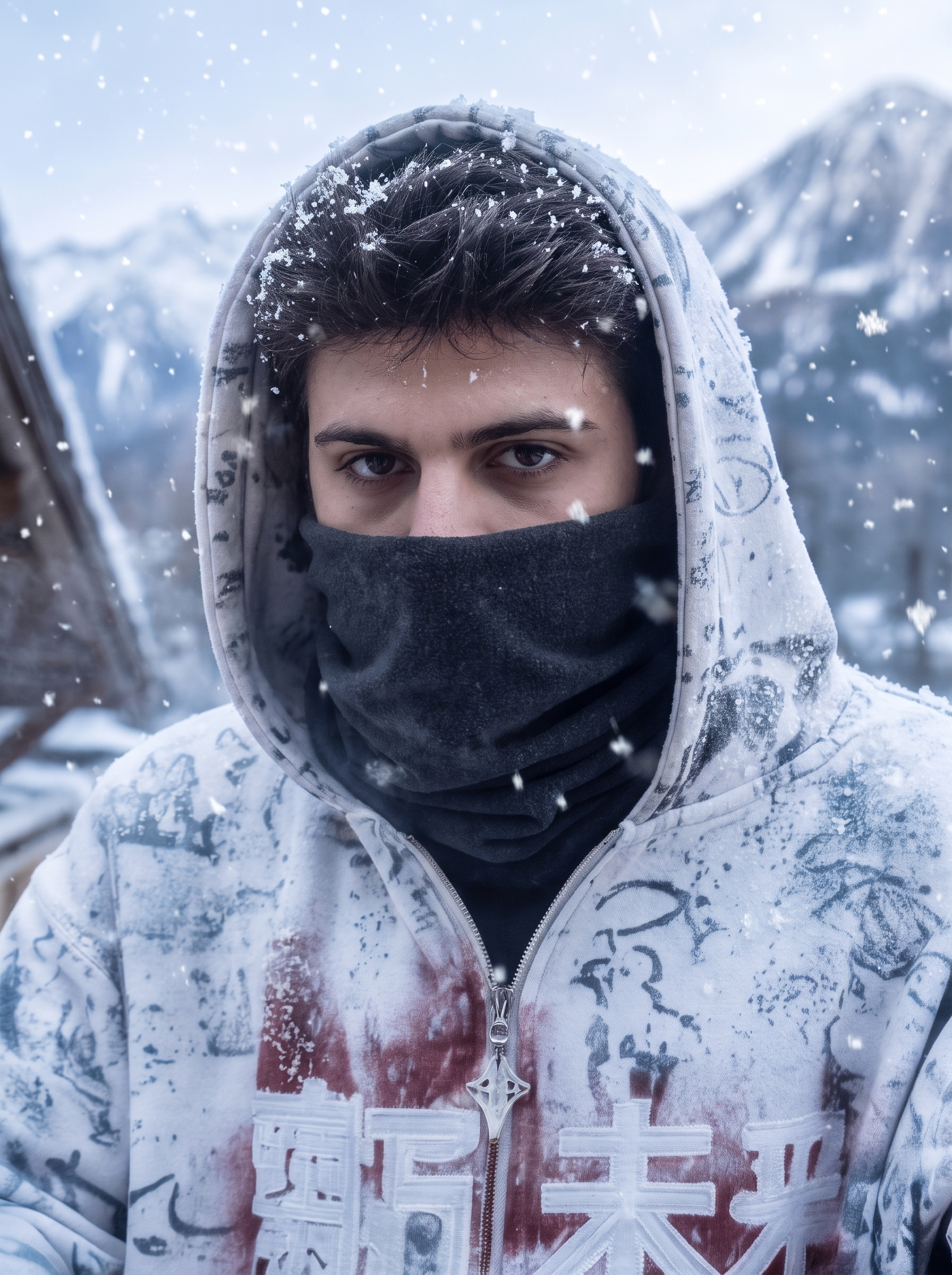 Campaña invierno streetwear — retrato con pañuelo y nieve