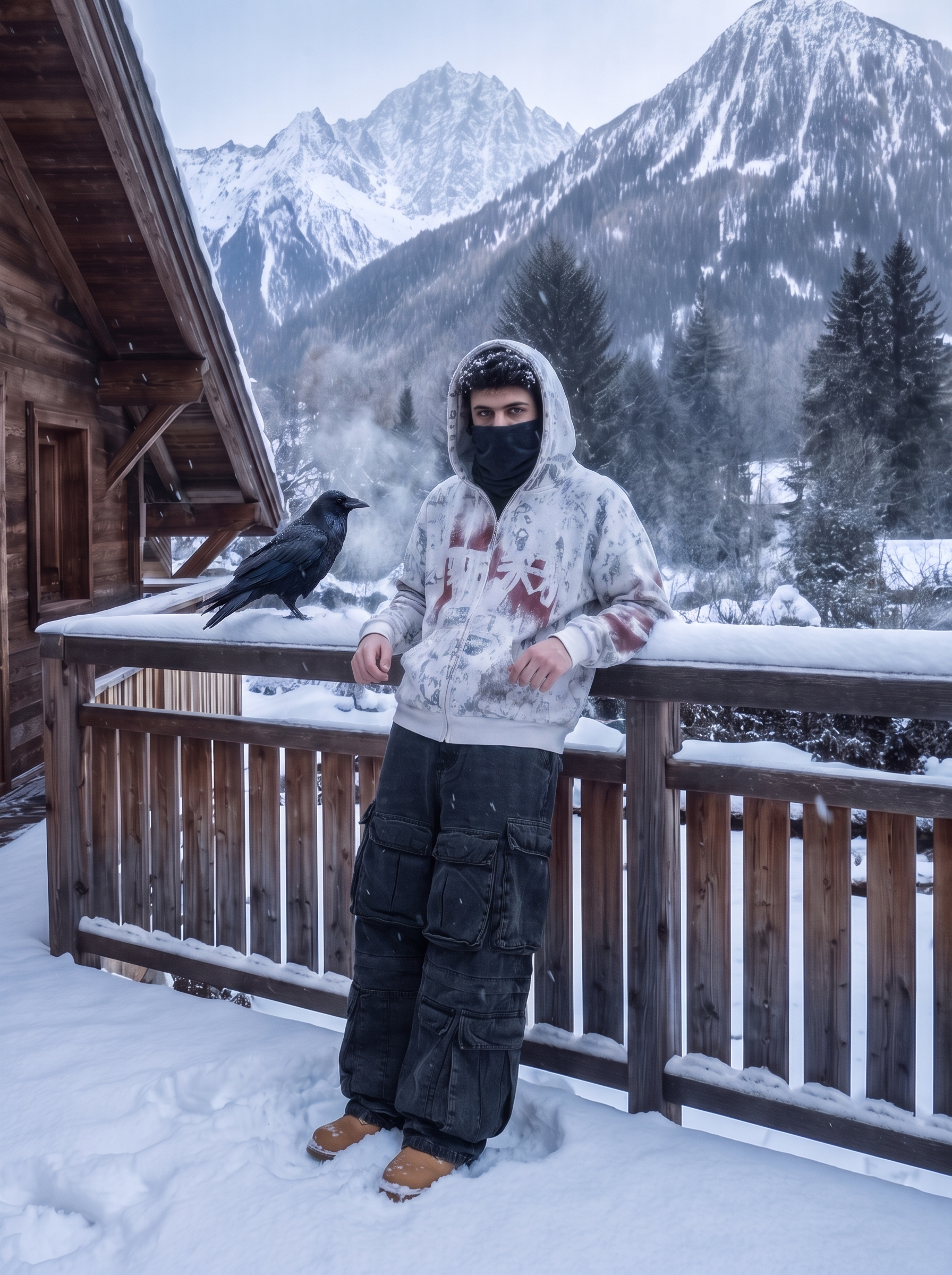 Campaña invierno streetwear — cuerpo entero apoyado en baranda de nieve