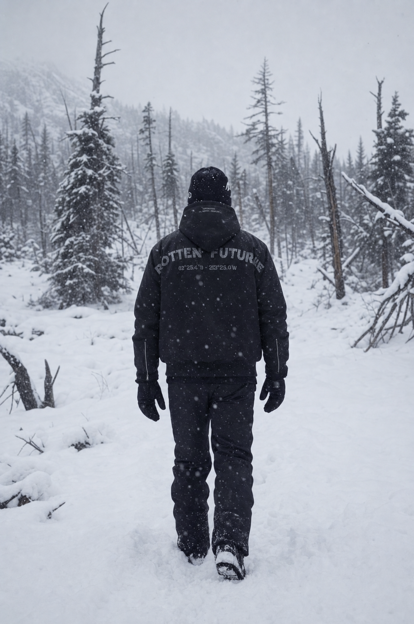 Campaña invierno streetwear — espalda con logo caminando en el bosque